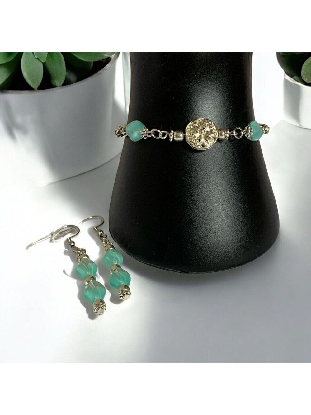 Reimagined Blue Silver Tone Bracelet and Earrings Set